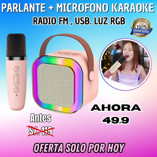 PARLANTE + MICROFONO KARAOKE A Bluetooth RADIO FM , USB. LUZ RGB